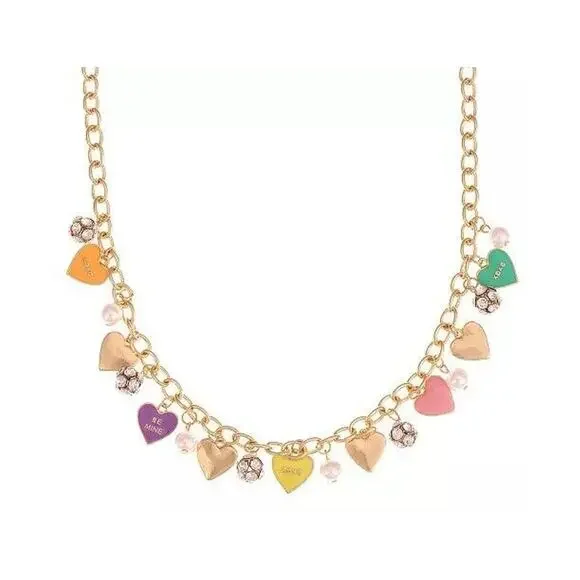 Gold Tone Heart Charm Necklace Crystal Faux Pearl Trendy Fashion Chic Style NWT - Picture 3 of 8